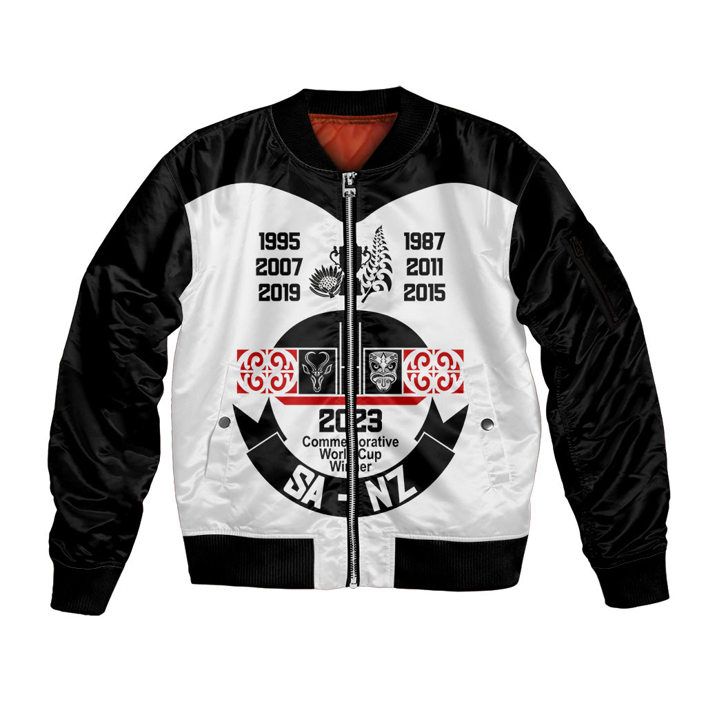 Personalised South Africa and New Zealand Sleeve Zip Bomber Jacket Champion History Go Final 2023 Vintage Style LT03 Unisex White - Polynesian Pride