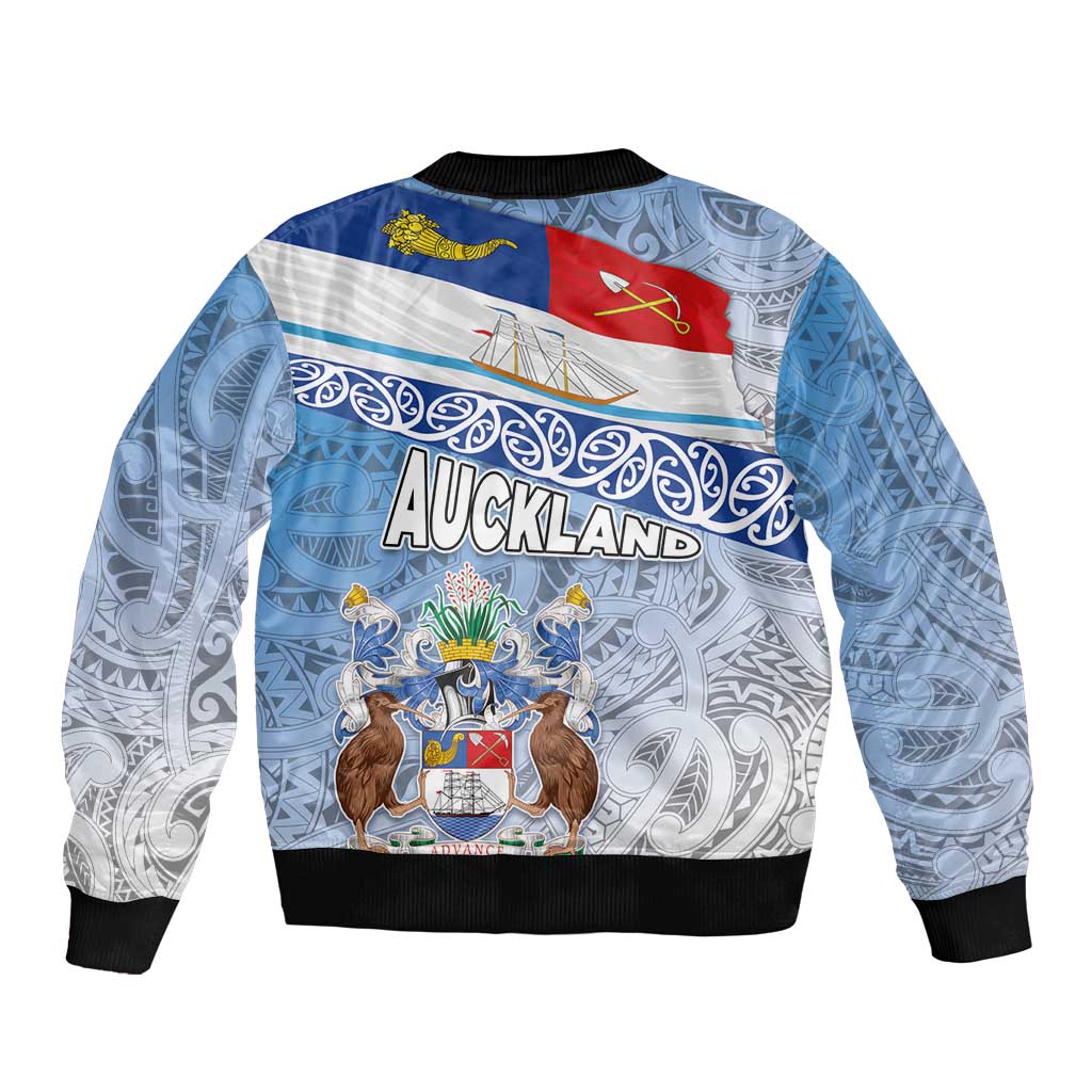 New Zealand Auckland Bomber Jacket Auckland's Flag and Coat of Arms - Koru Art Maori Pattern
