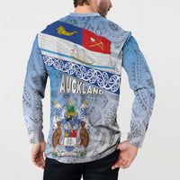New Zealand Auckland Button Sweatshirt Auckland's Flag and Coat of Arms - Koru Art Maori Pattern