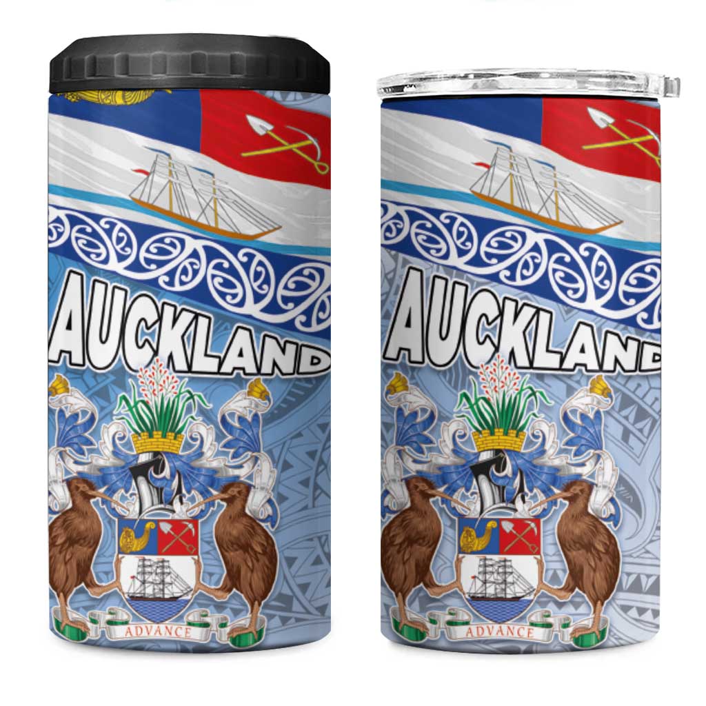 New Zealand Auckland 4 in 1 Can Cooler Tumbler Auckland's Flag and Coat of Arms - Koru Art Maori Pattern