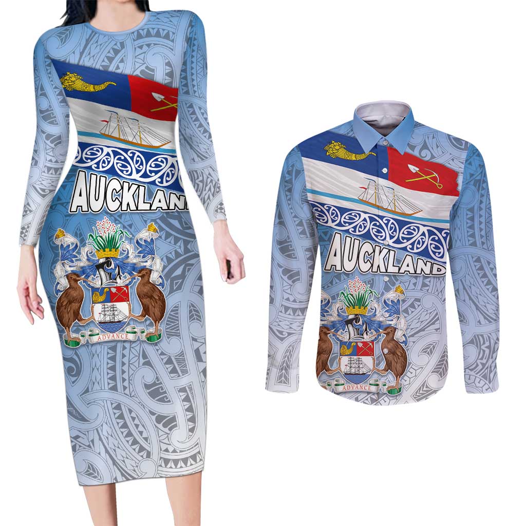 New Zealand Auckland Couples Matching Long Sleeve Bodycon Dress and Long Sleeve Button Shirt Auckland's Flag and Coat of Arms - Koru Art Maori Pattern LT03 Light Blue - Polynesian Pride