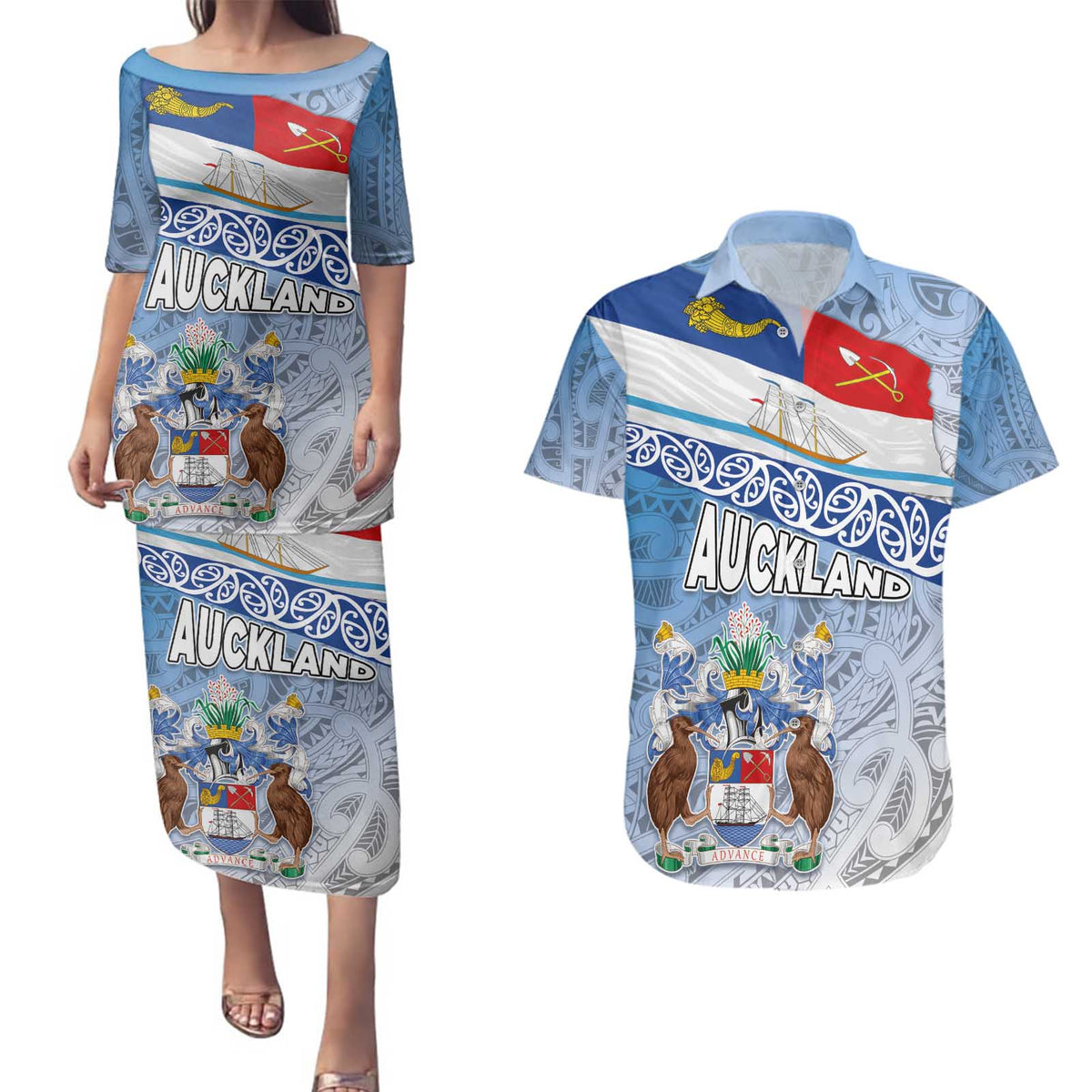 New Zealand Auckland Couples Matching Puletasi and Hawaiian Shirt Auckland's Flag and Coat of Arms - Koru Art Maori Pattern
