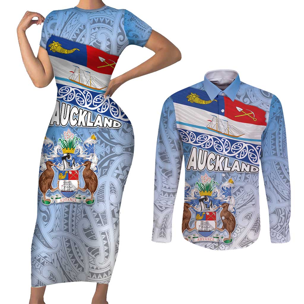 New Zealand Auckland Couples Matching Short Sleeve Bodycon Dress and Long Sleeve Button Shirt Auckland's Flag and Coat of Arms - Koru Art Maori Pattern LT03 Light Blue - Polynesian Pride