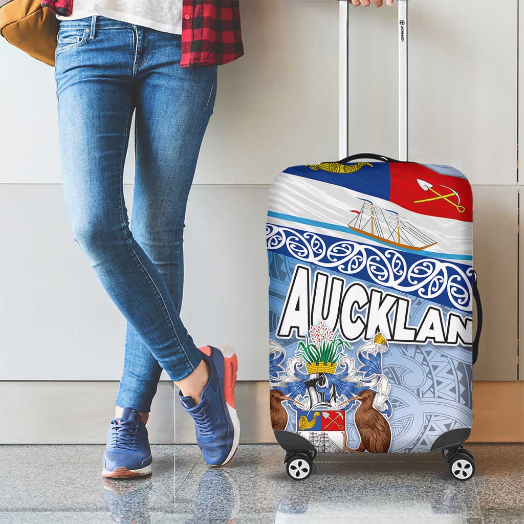 New Zealand Auckland Luggage Cover Auckland's Flag and Coat of Arms - Koru Art Maori Pattern