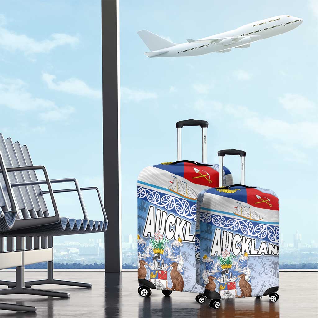 New Zealand Auckland Luggage Cover Auckland's Flag and Coat of Arms - Koru Art Maori Pattern