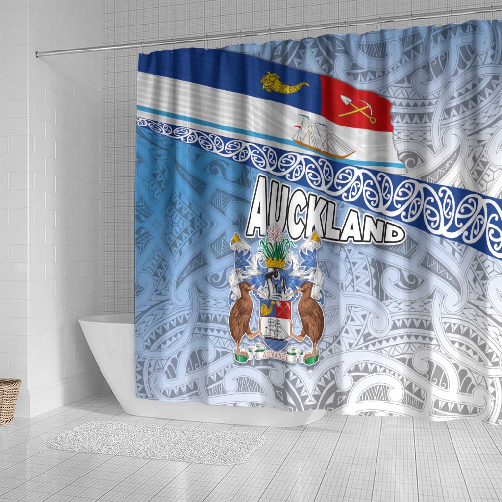 New Zealand Auckland Shower Curtain Auckland's Flag and Coat of Arms - Koru Art Maori Pattern