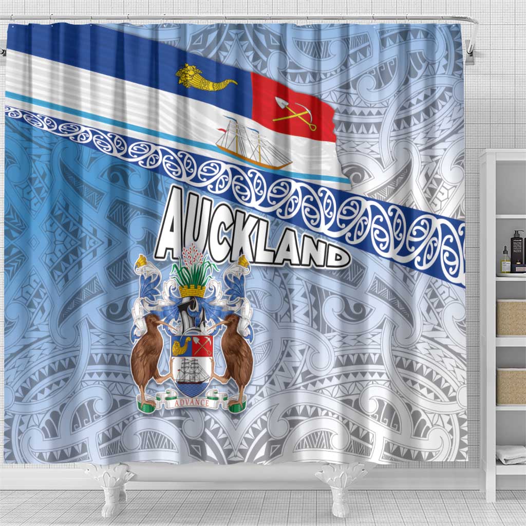 New Zealand Auckland Shower Curtain Auckland's Flag and Coat of Arms - Koru Art Maori Pattern