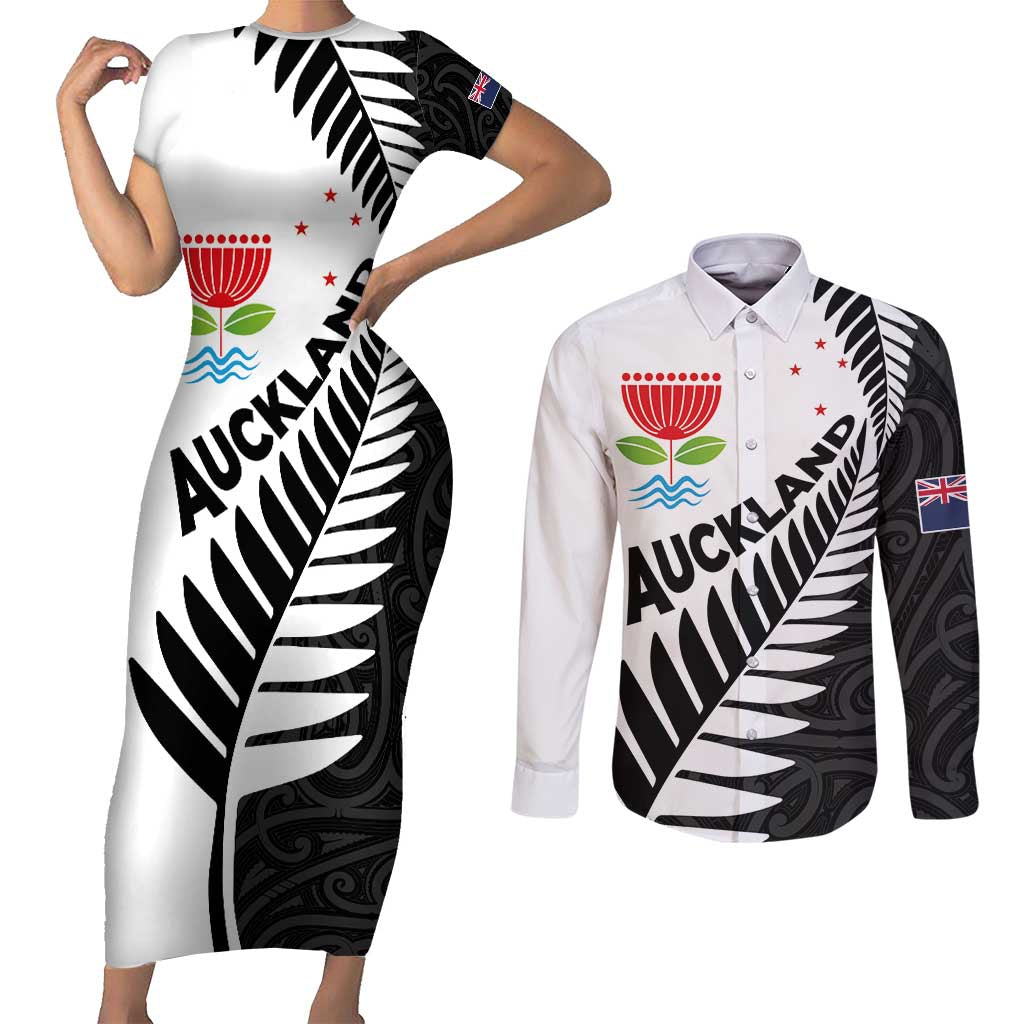 New Zealand Auckland Couples Matching Short Sleeve Bodycon Dress and Long Sleeve Button Shirt Auckland's Emblem and Silver Ferns - Maori Art Tattoo LT03 Light Blue - Polynesian Pride