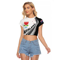 New Zealand Auckland Raglan Cropped T Shirt Auckland's Emblem and Silver Ferns - Maori Art Tattoo