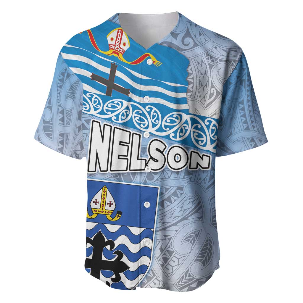 New Zealand Nelson Baseball Jersey Nelson's Flag and Seal - Maori Art Tattoo LT03 White - Polynesian Pride