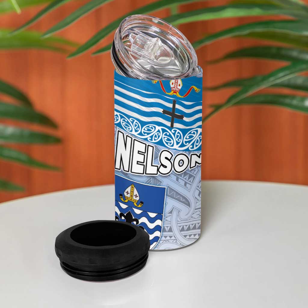 New Zealand Nelson 4 in 1 Can Cooler Tumbler Nelson's Flag and Seal - Maori Art Tattoo