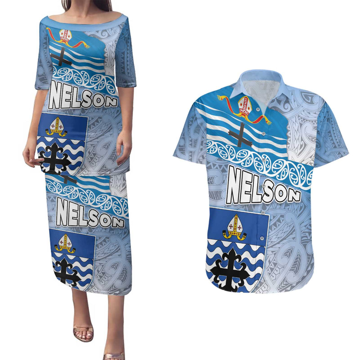 New Zealand Nelson Couples Matching Puletasi and Hawaiian Shirt Nelson's Flag and Seal - Maori Art Tattoo