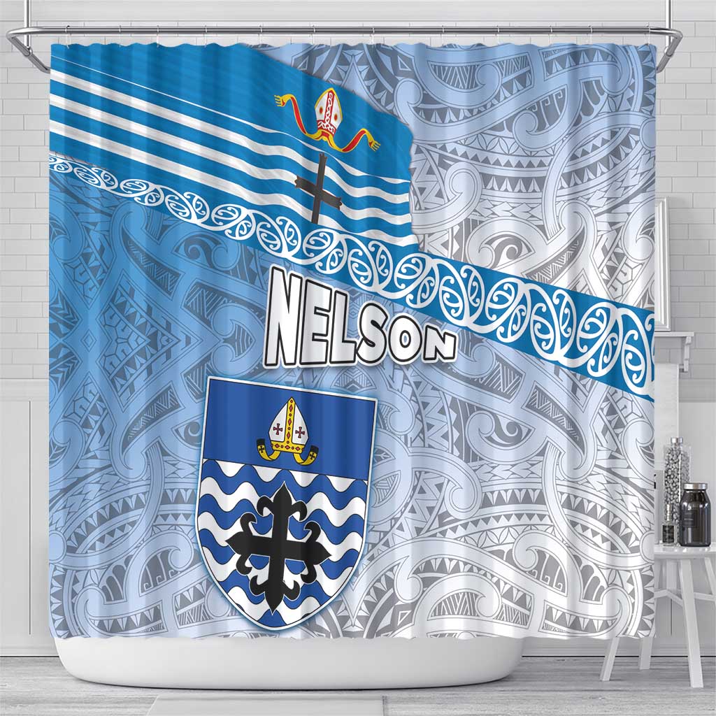 New Zealand Nelson Shower Curtain Nelson's Flag and Seal - Maori Art Tattoo