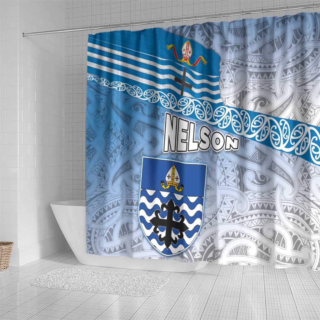 New Zealand Nelson Shower Curtain Nelson's Flag and Seal - Maori Art Tattoo