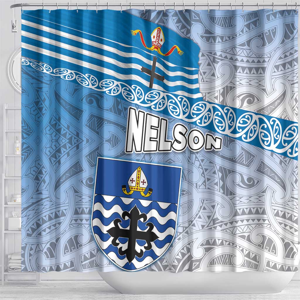 New Zealand Nelson Shower Curtain Nelson's Flag and Seal - Maori Art Tattoo