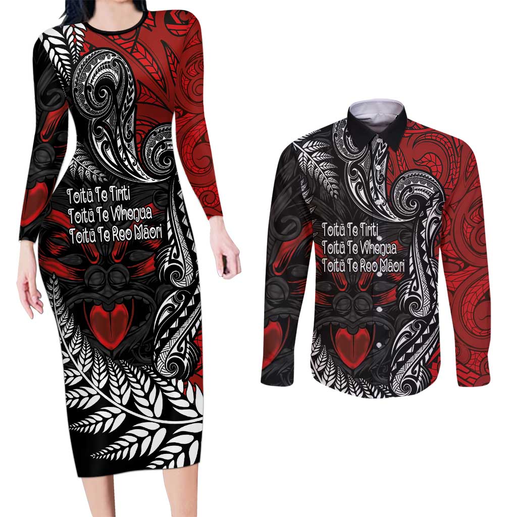 Aotearoa Toitu Te Tiriti Couples Matching Long Sleeve Bodycon Dress and Long Sleeve Button Shirt New Zealand Honour the Treaty - Te Tiriti Is Us LT03 Red - Polynesian Pride