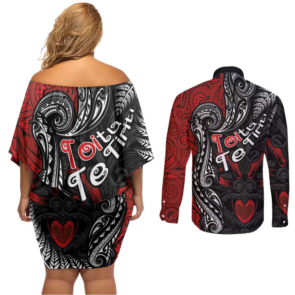 Aotearoa Toitu Te Tiriti Couples Matching Off Shoulder Short Dress and Long Sleeve Button Shirt New Zealand Honour the Treaty - Te Tiriti Is Us