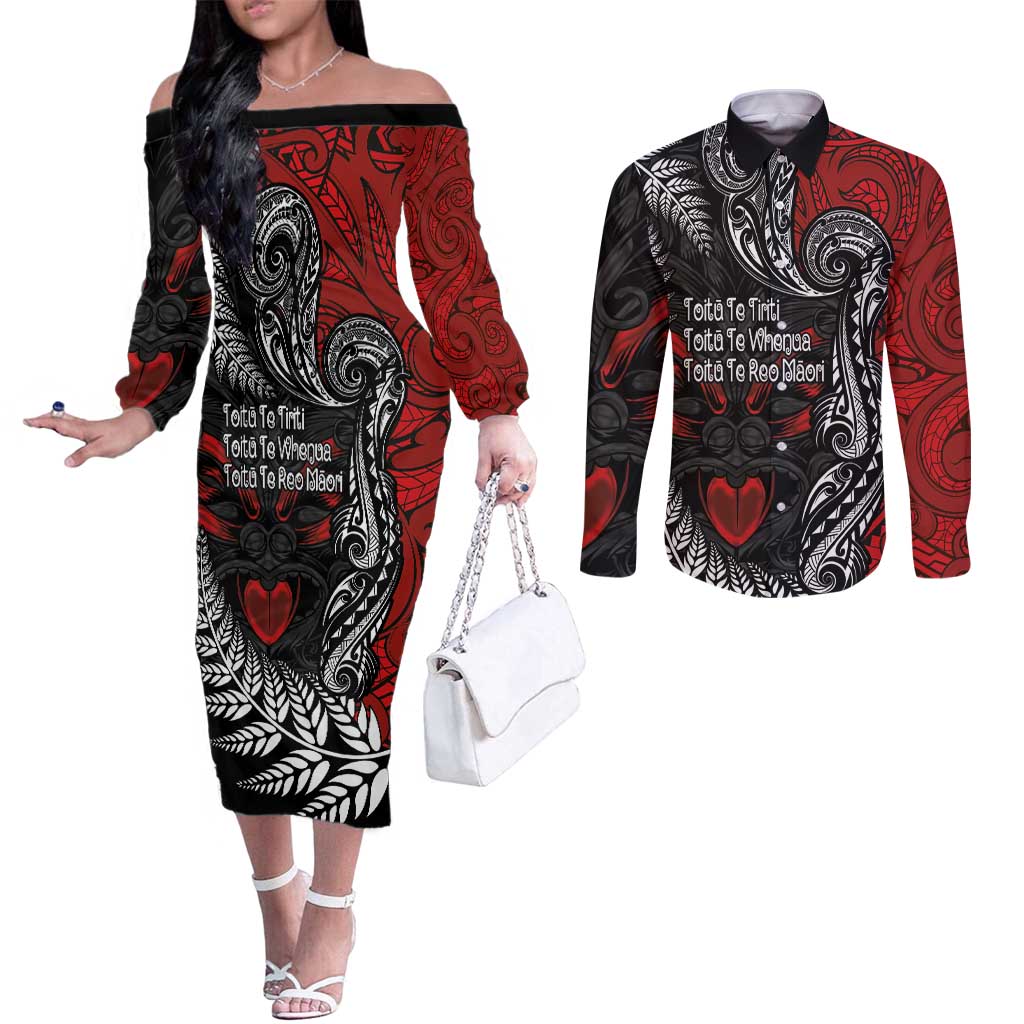 Aotearoa Toitu Te Tiriti Couples Matching Off The Shoulder Long Sleeve Dress and Long Sleeve Button Shirt New Zealand Honour the Treaty - Te Tiriti Is Us LT03 Red - Polynesian Pride
