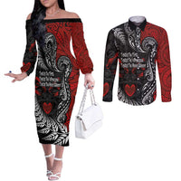 Aotearoa Toitu Te Tiriti Couples Matching Off The Shoulder Long Sleeve Dress and Long Sleeve Button Shirt New Zealand Honour the Treaty - Te Tiriti Is Us LT03 Red - Polynesian Pride