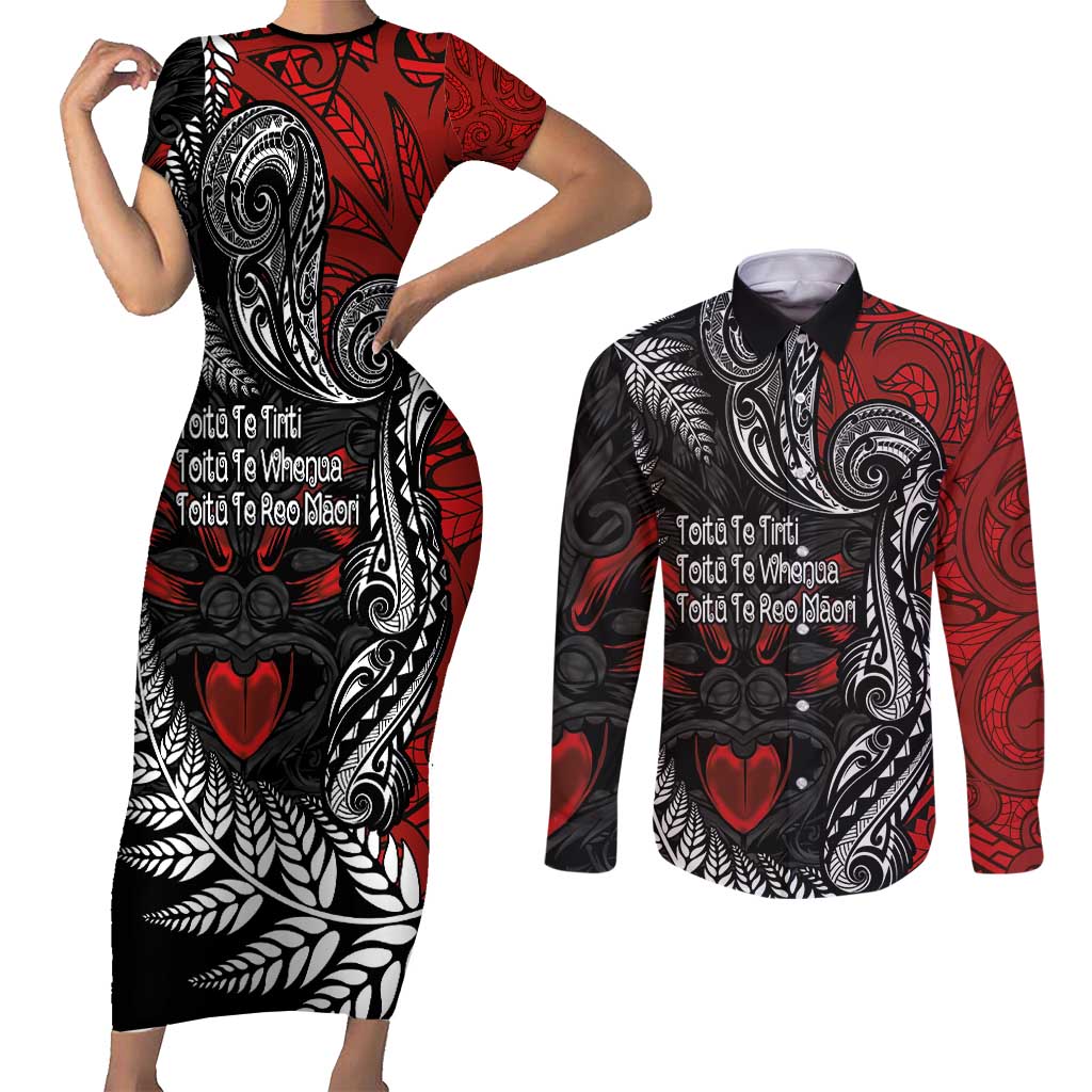 Aotearoa Toitu Te Tiriti Couples Matching Short Sleeve Bodycon Dress and Long Sleeve Button Shirt New Zealand Honour the Treaty - Te Tiriti Is Us LT03 Red - Polynesian Pride