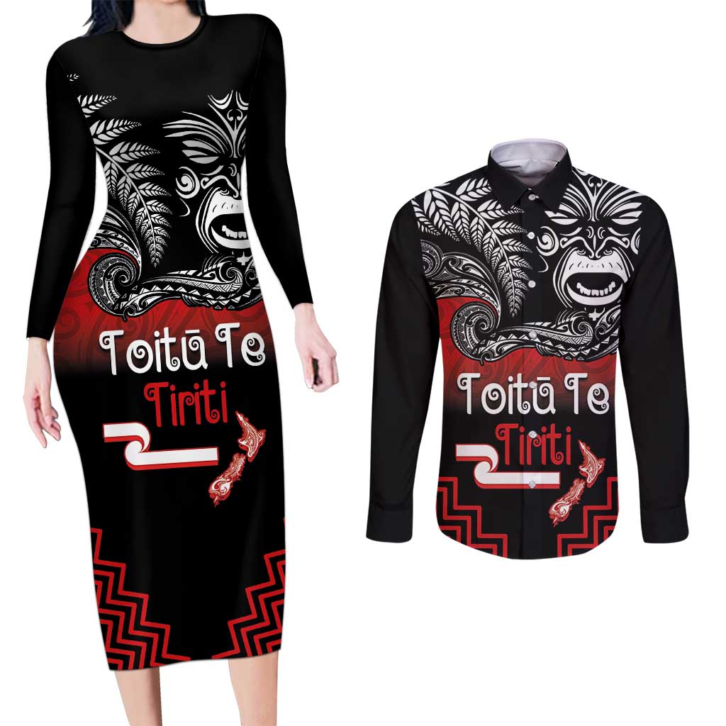 Aotearoa Toitu Te Tiriti Couples Matching Long Sleeve Bodycon Dress and Long Sleeve Button Shirt New Zealand Honour the Treaty - Fight Together LT03 Red - Polynesian Pride