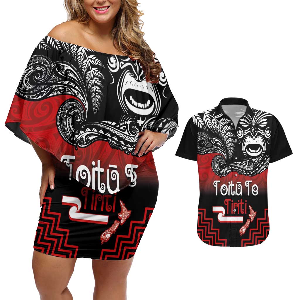 Aotearoa Toitu Te Tiriti Couples Matching Off Shoulder Short Dress and Hawaiian Shirt New Zealand Honour the Treaty - Fight Together