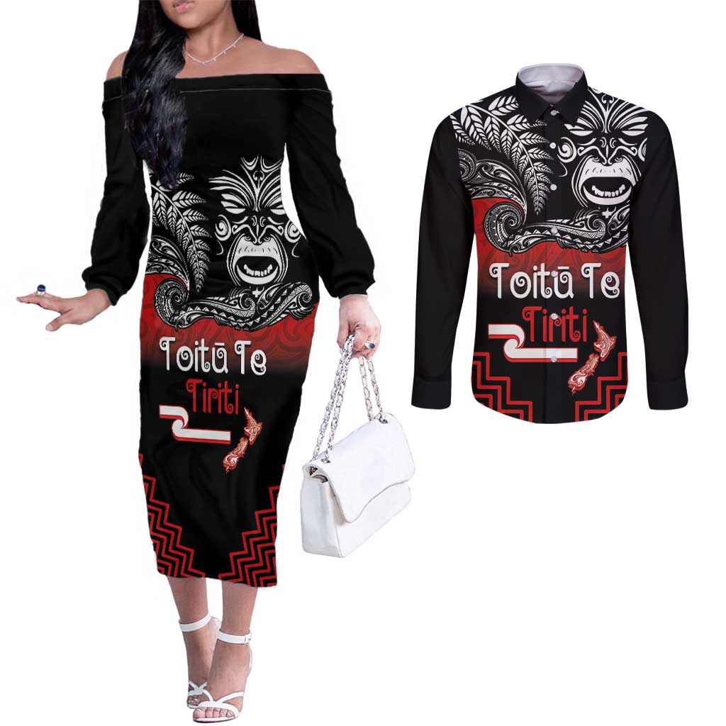 Aotearoa Toitu Te Tiriti Couples Matching Off The Shoulder Long Sleeve Dress and Long Sleeve Button Shirt New Zealand Honour the Treaty - Fight Together LT03 Red - Polynesian Pride