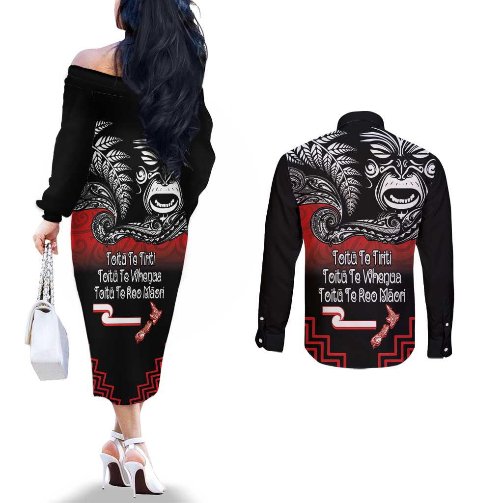 Aotearoa Toitu Te Tiriti Couples Matching Off The Shoulder Long Sleeve Dress and Long Sleeve Button Shirt New Zealand Honour the Treaty - Fight Together LT03 - Polynesian Pride