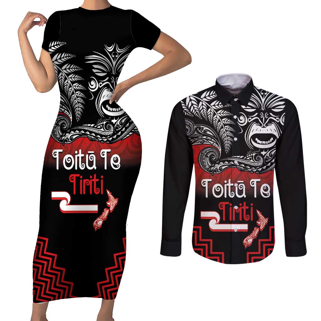 Aotearoa Toitu Te Tiriti Couples Matching Short Sleeve Bodycon Dress and Long Sleeve Button Shirt New Zealand Honour the Treaty - Fight Together LT03 Red - Polynesian Pride