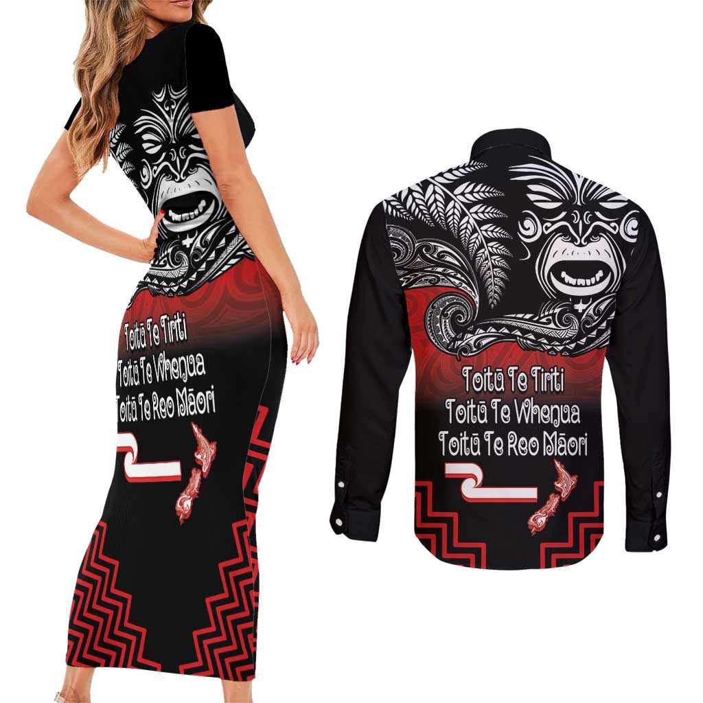 Aotearoa Toitu Te Tiriti Couples Matching Short Sleeve Bodycon Dress and Long Sleeve Button Shirt New Zealand Honour the Treaty - Fight Together LT03 - Polynesian Pride