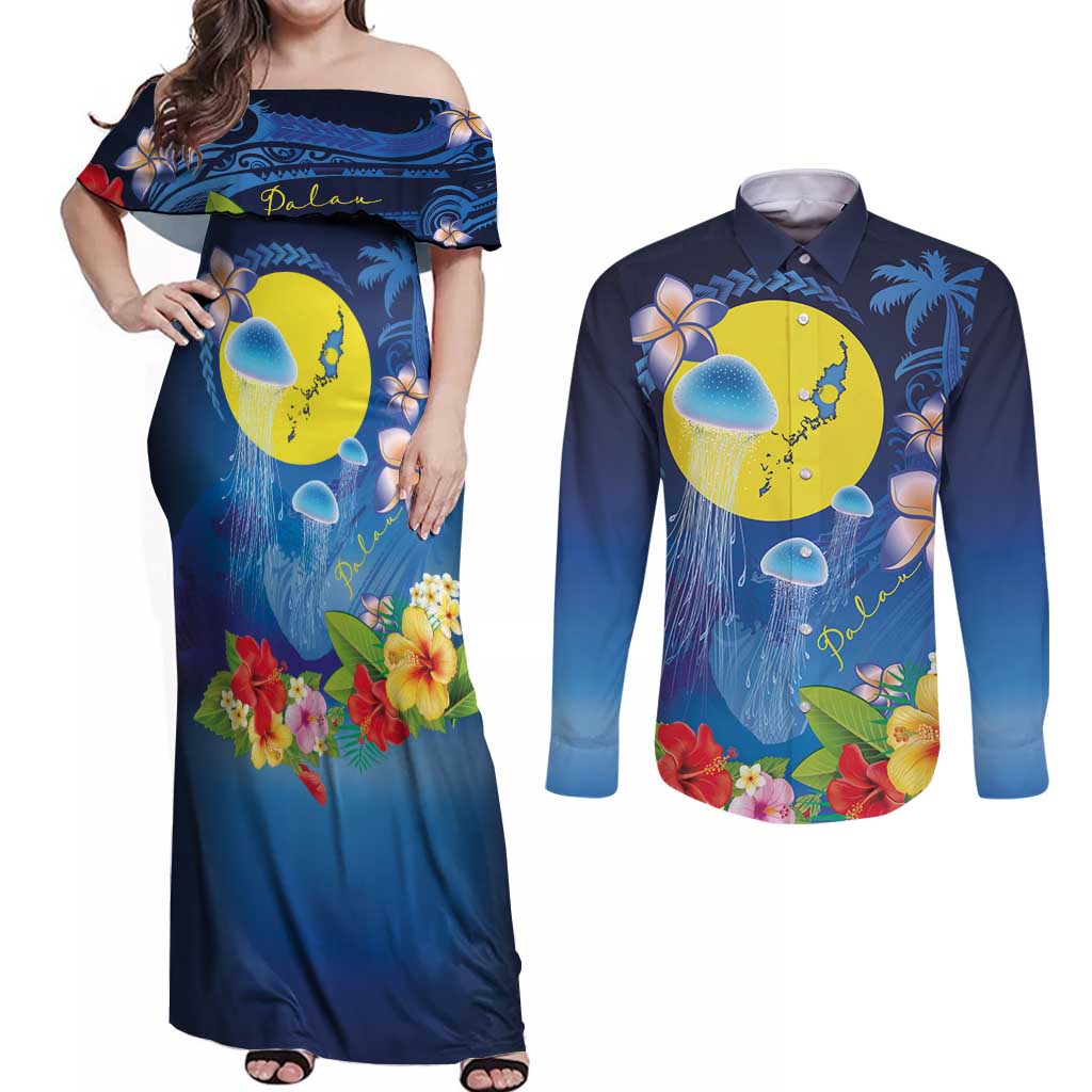 Palau Jellyfish Couples Matching Off Shoulder Maxi Dress and Long Sleeve Button Shirt Ocean Heritage Tropical Plants - Polynesian Pride