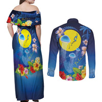 Palau Jellyfish Couples Matching Off Shoulder Maxi Dress and Long Sleeve Button Shirt Ocean Heritage Tropical Plants - Polynesian Pride