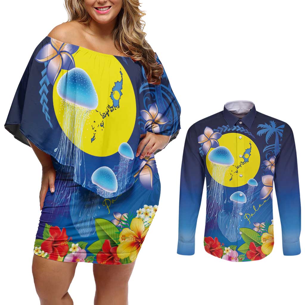 Palau Jellyfish Couples Matching Off Shoulder Short Dress and Long Sleeve Button Shirt Ocean Heritage Tropical Plants - Polynesian Pride