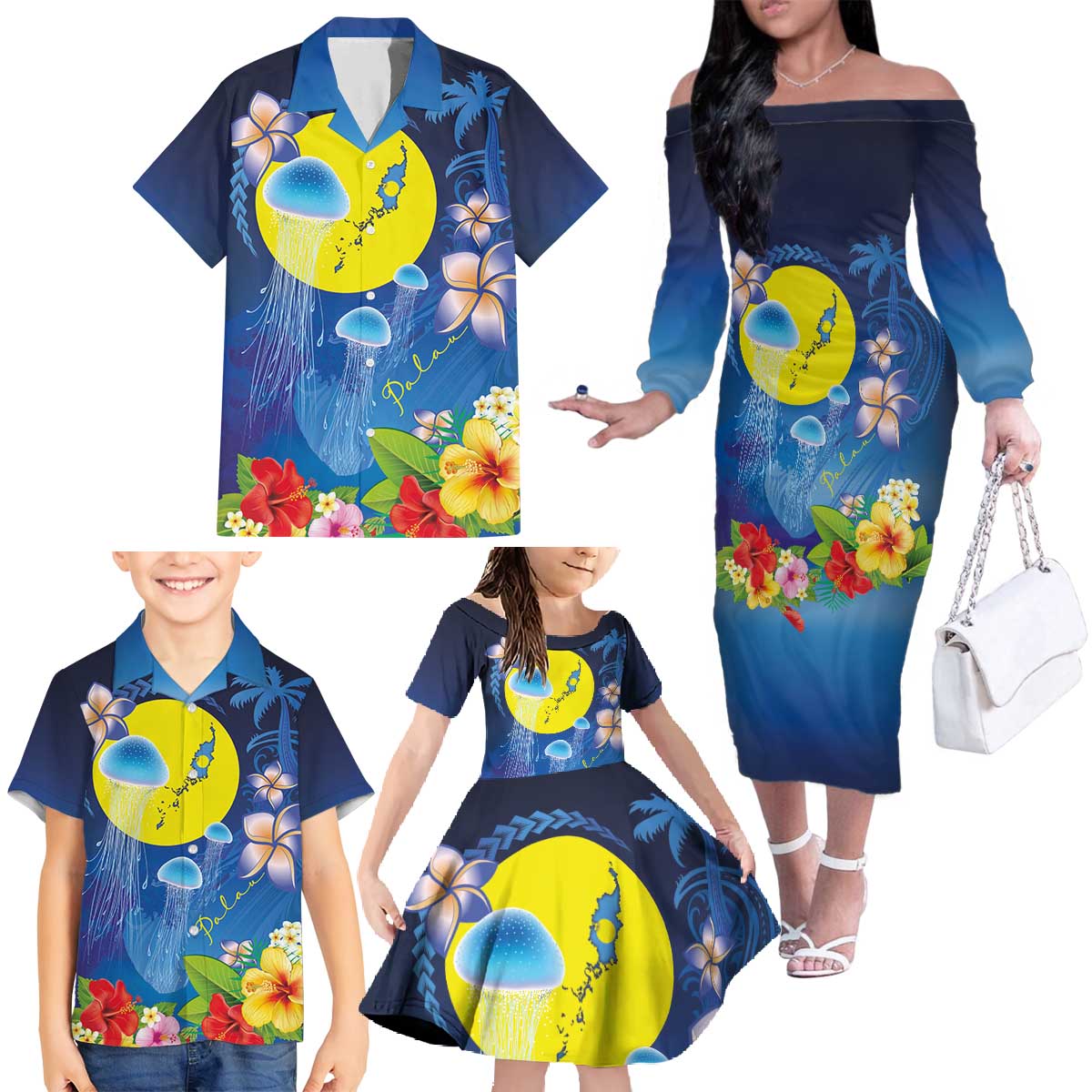 Palau Jellyfish Family Matching Off The Shoulder Long Sleeve Dress and Hawaiian Shirt Ocean Heritage Tropical Plants - Polynesian Pride