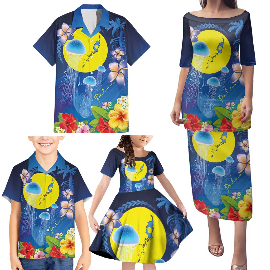 Palau Jellyfish Family Matching Puletasi and Hawaiian Shirt Ocean Heritage Tropical Plants - Polynesian Pride