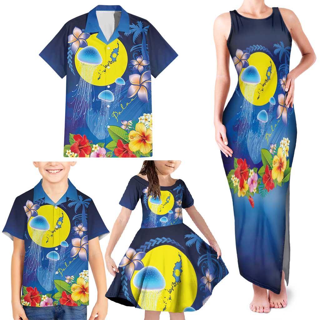 Palau Jellyfish Family Matching Tank Maxi Dress and Hawaiian Shirt Ocean Heritage Tropical Plants - Polynesian Pride