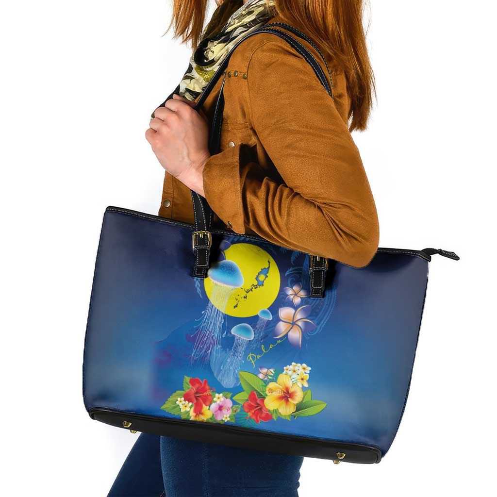Palau Jellyfish Leather Tote Bag Ocean Heritage Tropical Plants - Polynesian Pride