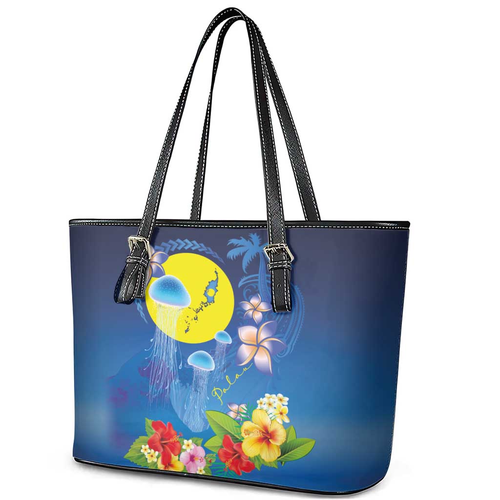 Palau Jellyfish Leather Tote Bag Ocean Heritage Tropical Plants - Polynesian Pride