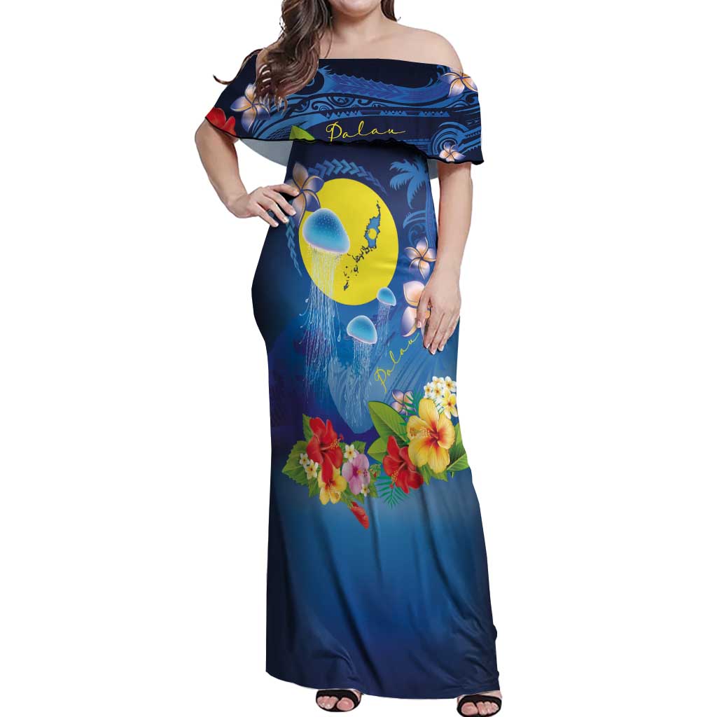 Palau Jellyfish Off Shoulder Maxi Dress Ocean Heritage Tropical Plants - Polynesian Pride