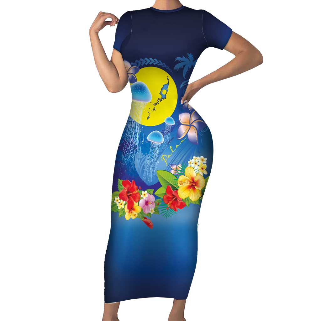 Palau Jellyfish Short Sleeve Bodycon Dress Ocean Heritage Tropical Plants - Polynesian Pride