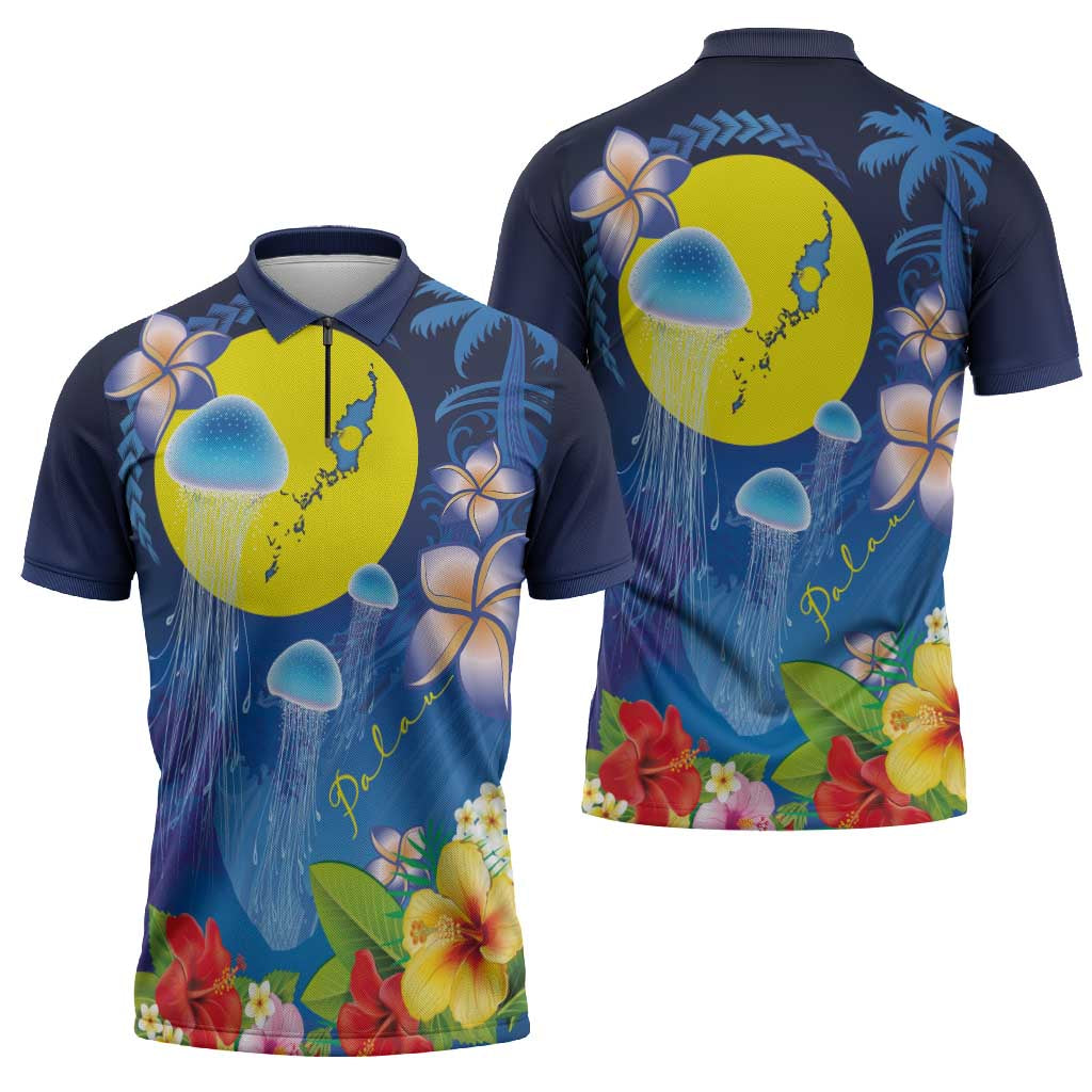 Palau Jellyfish Zipper Polo Shirt Ocean Heritage Tropical Plants - Polynesian Pride