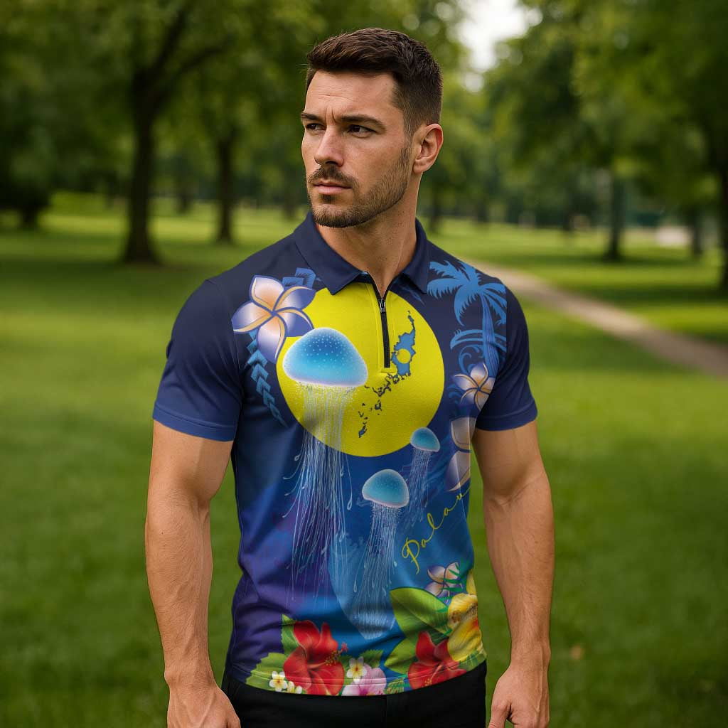 Palau Jellyfish Zipper Polo Shirt Ocean Heritage Tropical Plants - Polynesian Pride