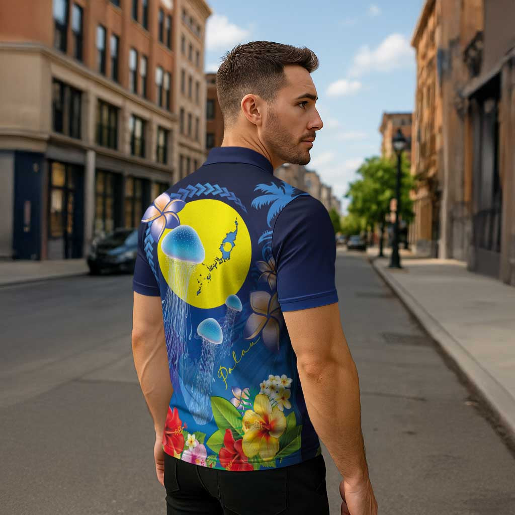 Palau Jellyfish Zipper Polo Shirt Ocean Heritage Tropical Plants - Polynesian Pride