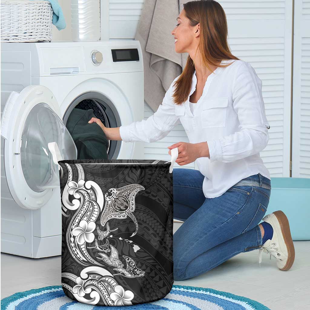Hawaiian Manta Rays Laundry Basket Tribal Hibiscus Polynesian Tattoos Black Color - Polynesian Pride