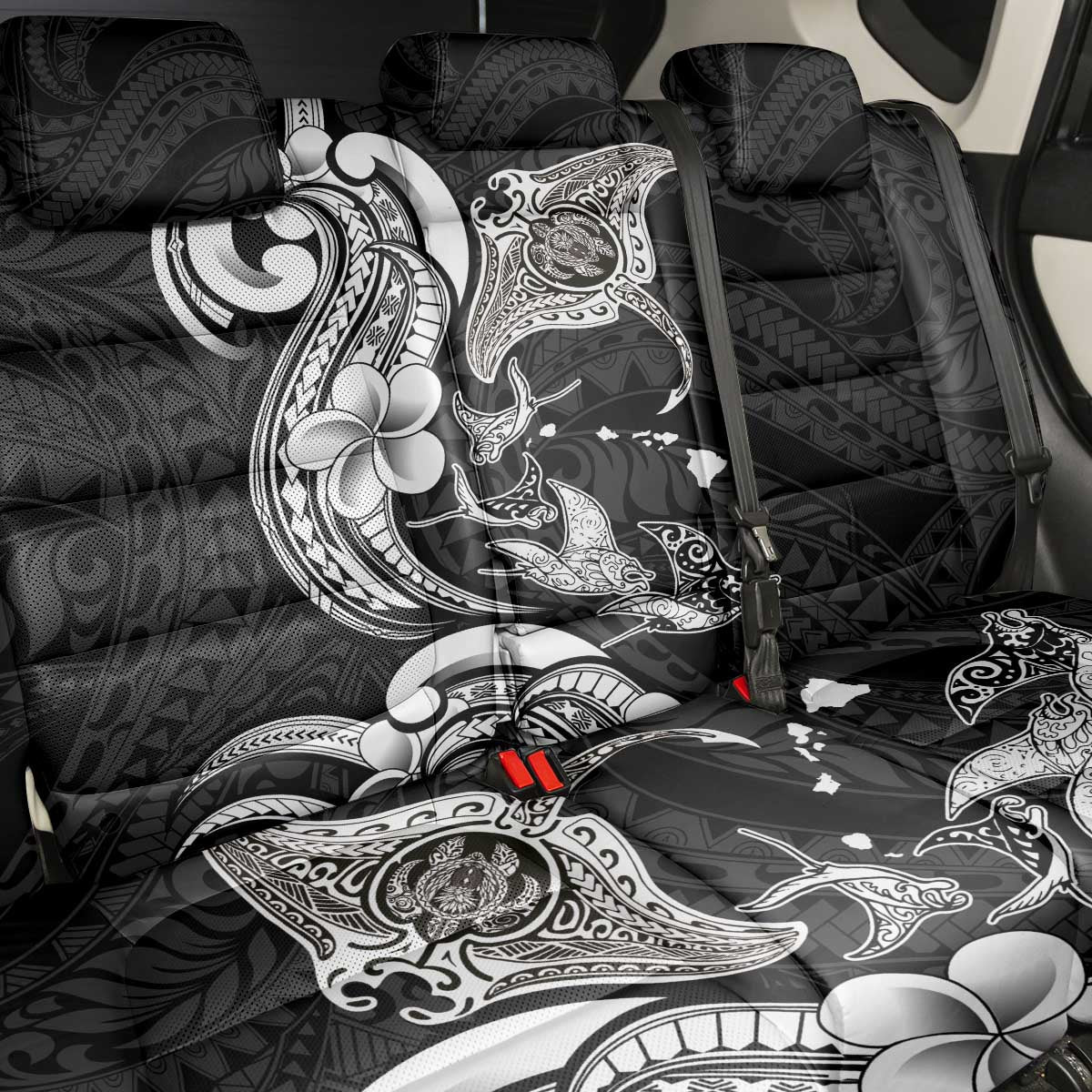 Hawaiian Manta Rays Back Car Seat Cover Tribal Hibiscus Polynesian Tattoos Black Color - Polynesian Pride