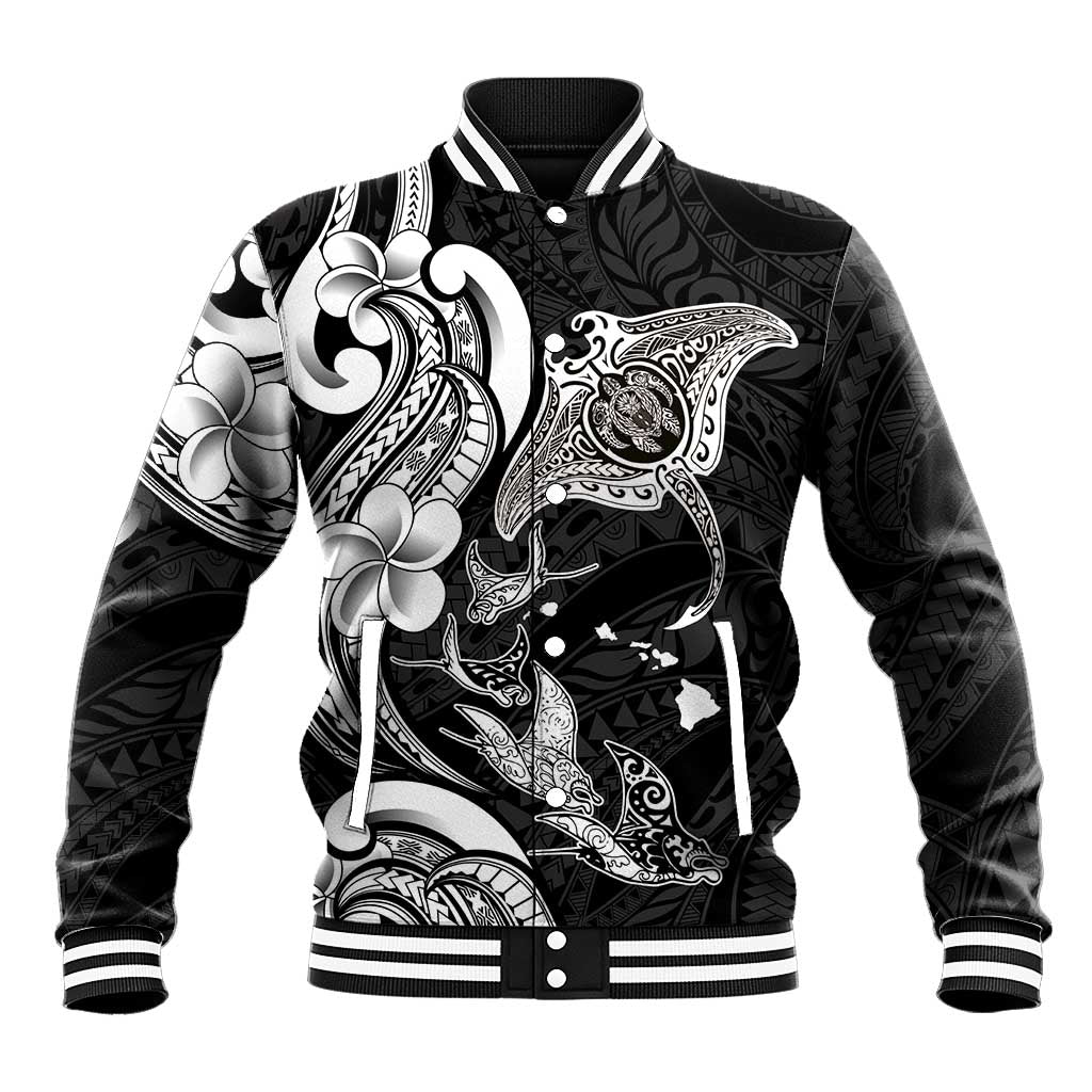 Hawaiian Manta Rays Baseball Jacket Tribal Hibiscus Polynesian Tattoos Black Color - Polynesian Pride