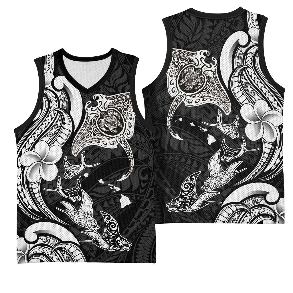 Hawaiian Manta Rays Basketball Jersey Tribal Hibiscus Polynesian Tattoos Black Color - Polynesian Pride