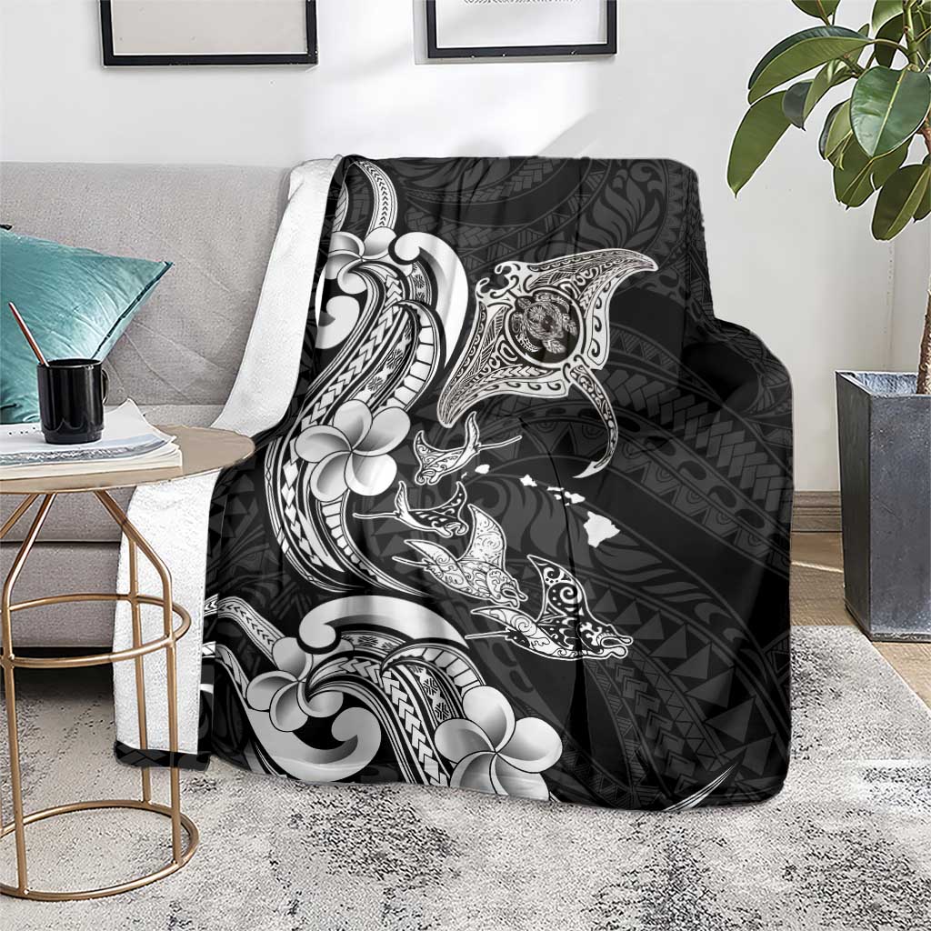 Hawaiian Manta Rays Blanket Tribal Hibiscus Polynesian Tattoos Black Color - Polynesian Pride