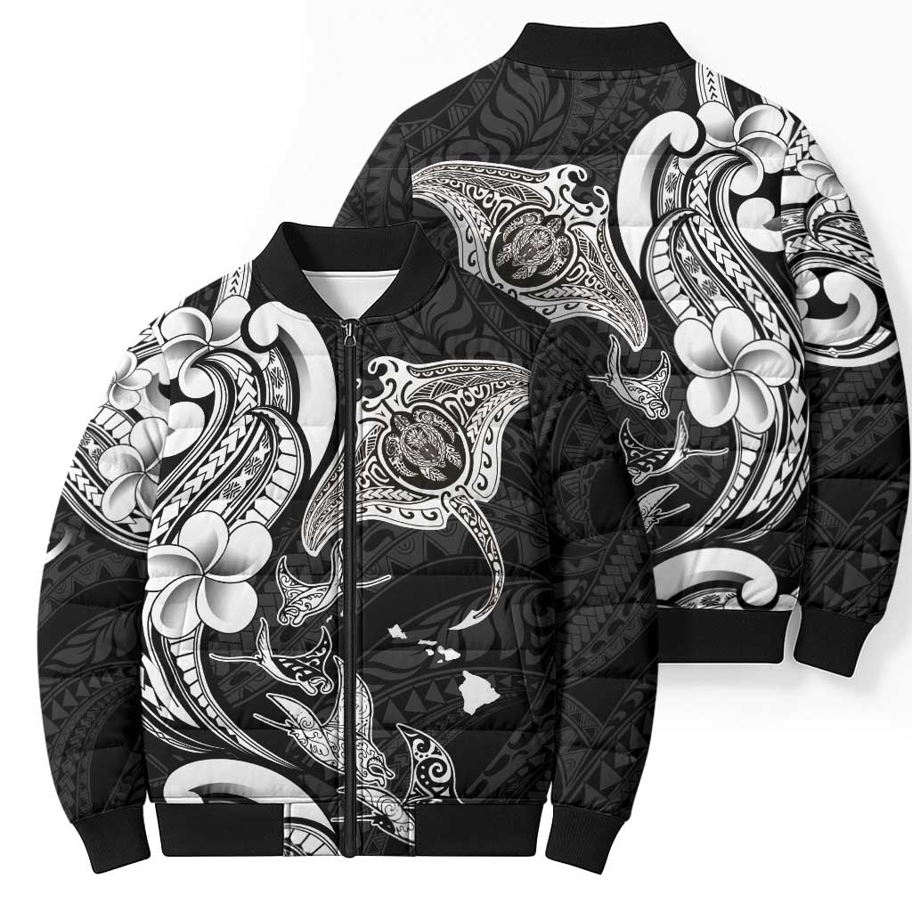 Hawaiian Manta Rays Bomber Puffer Jacket Tribal Hibiscus Polynesian Tattoos Black Color - Polynesian Pride
