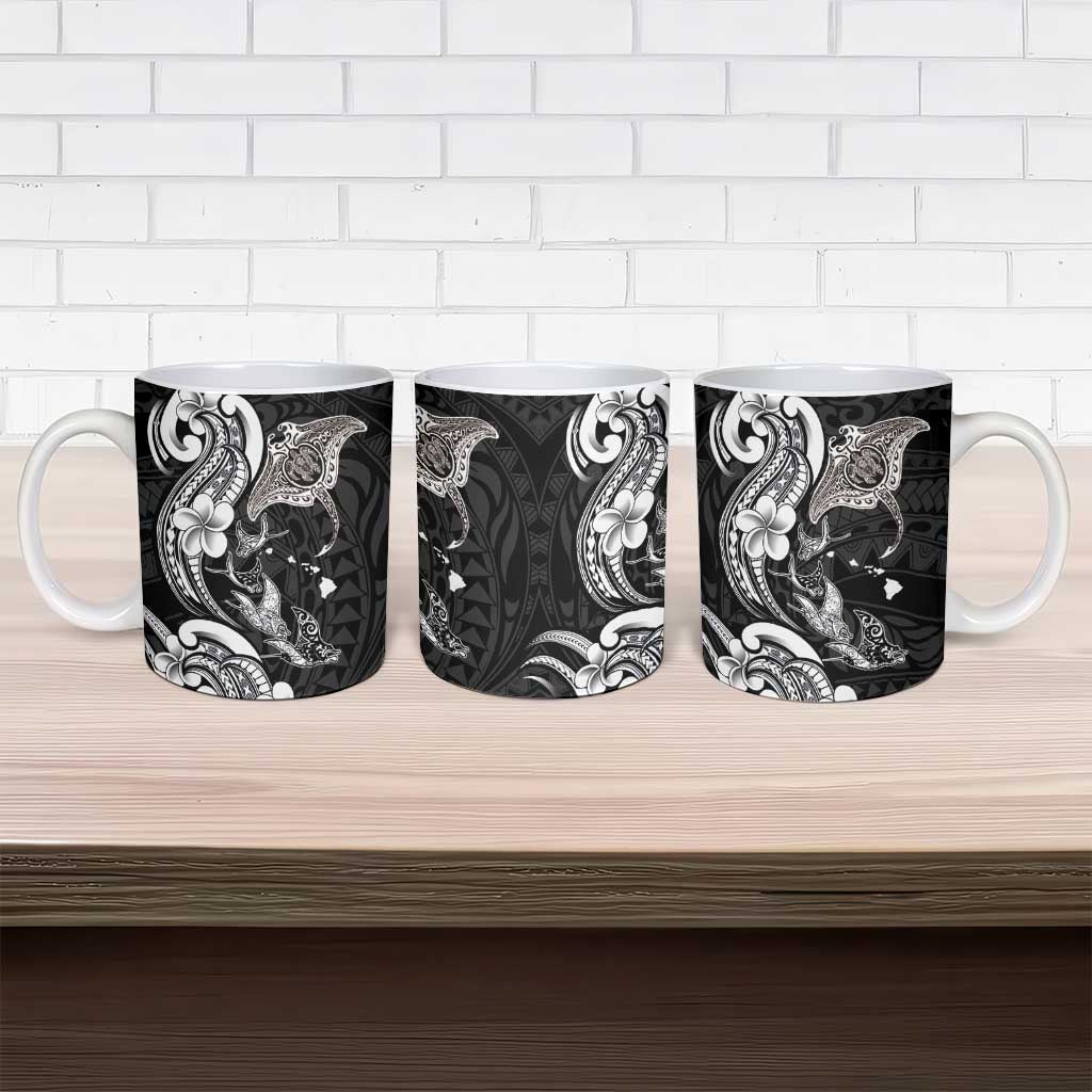 Hawaiian Manta Rays Ceramic Mug Tribal Hibiscus Polynesian Tattoos Black Color - Polynesian Pride